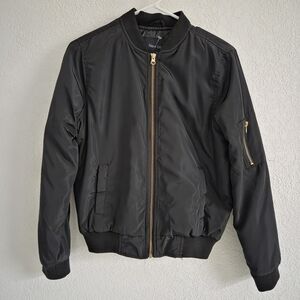 Women's Black Bomber Jacket with Gold Hardware